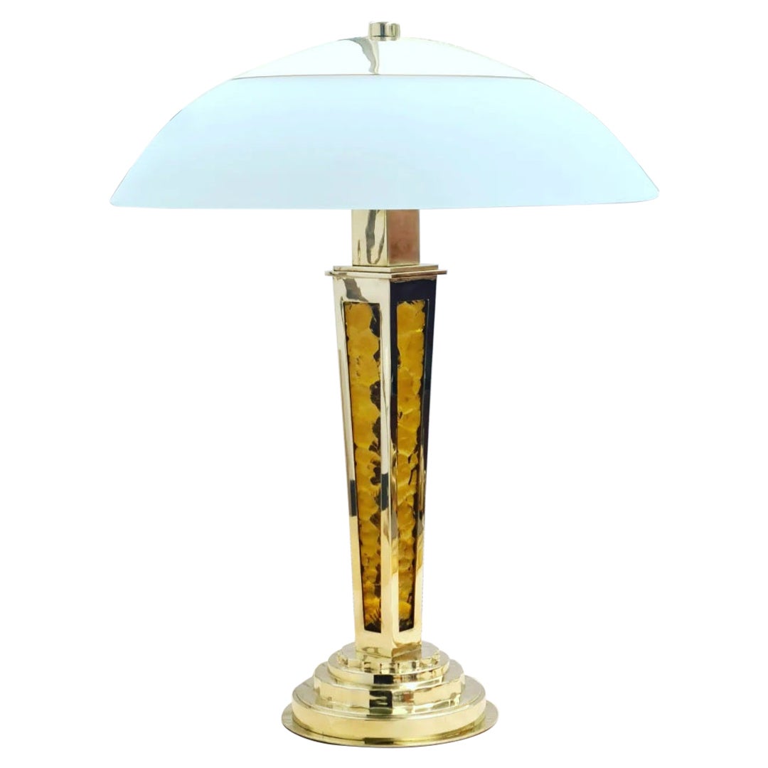 Art-Déco-Lampe aus Bronze mit Gold-Finish und Bernsteinglasuren