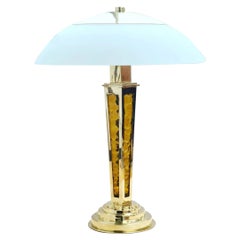 Art Deco Bronze Lamp with Gold Finish and Amber Glasses
