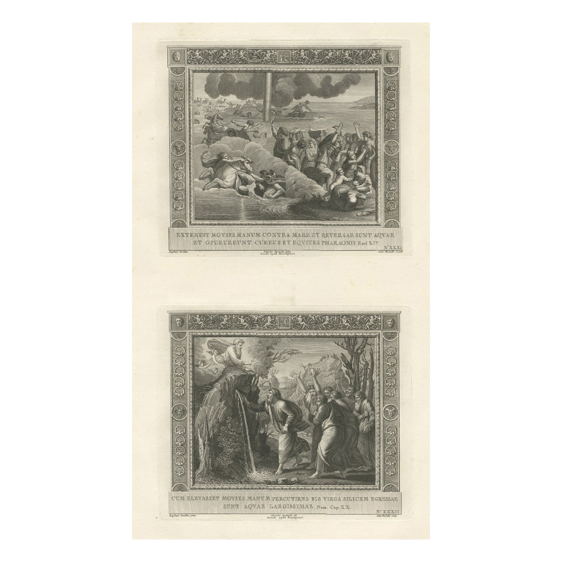 Religious Old Print of Moses Making Water & The Crossing of the Red Sea, ca.1850 For Sale