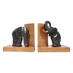 Art Deco Pair of Hand-Carved Wooden Elephant Bookends Free Shipping