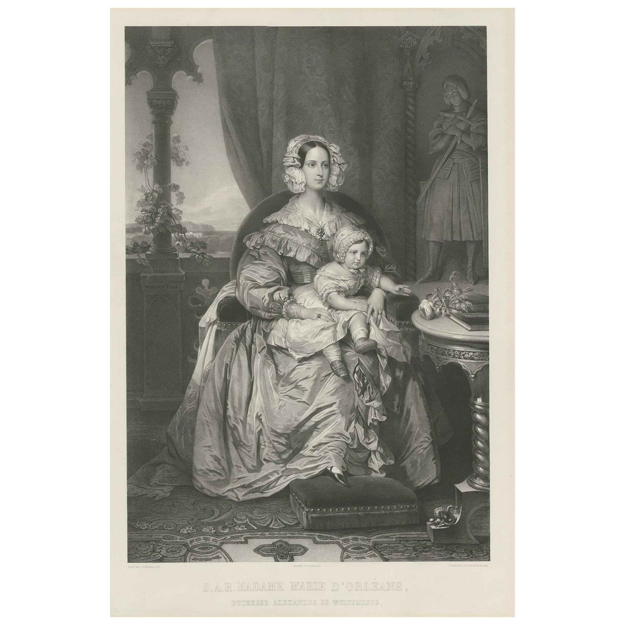 Large Lithograph of Princess Marie of Orleans, Duchess of Württember, 1844 For Sale
