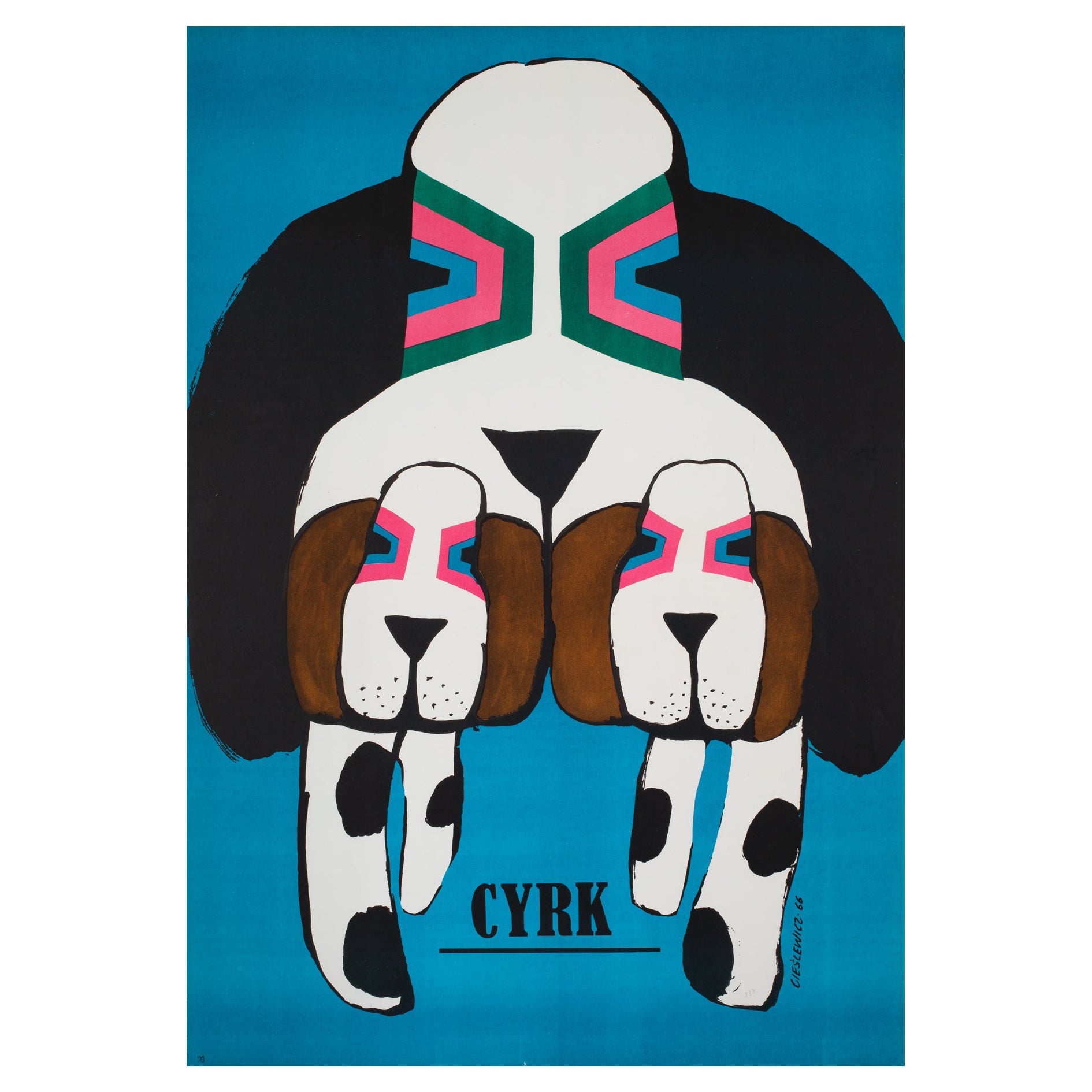 Affiche polonaise B1 d'un cirque, Cyrk Three Basset Hounds, Cieslewicz, années 1970