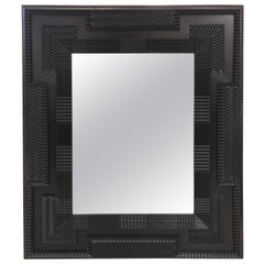 Striking Big Black Carved Wood Rectangular Mirror with Aged Glass