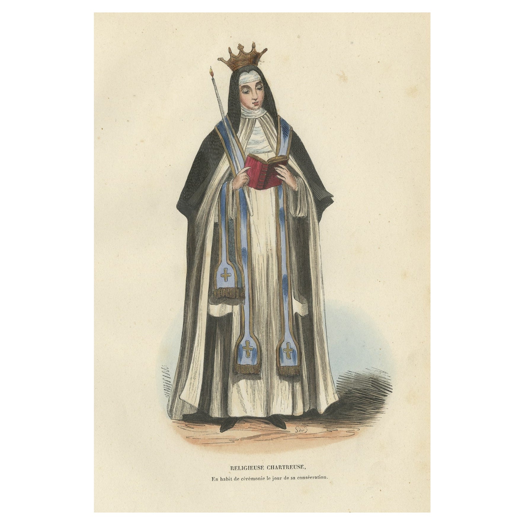 Impression ancienne colorée à la main d'une nonne carthusienne, 1845