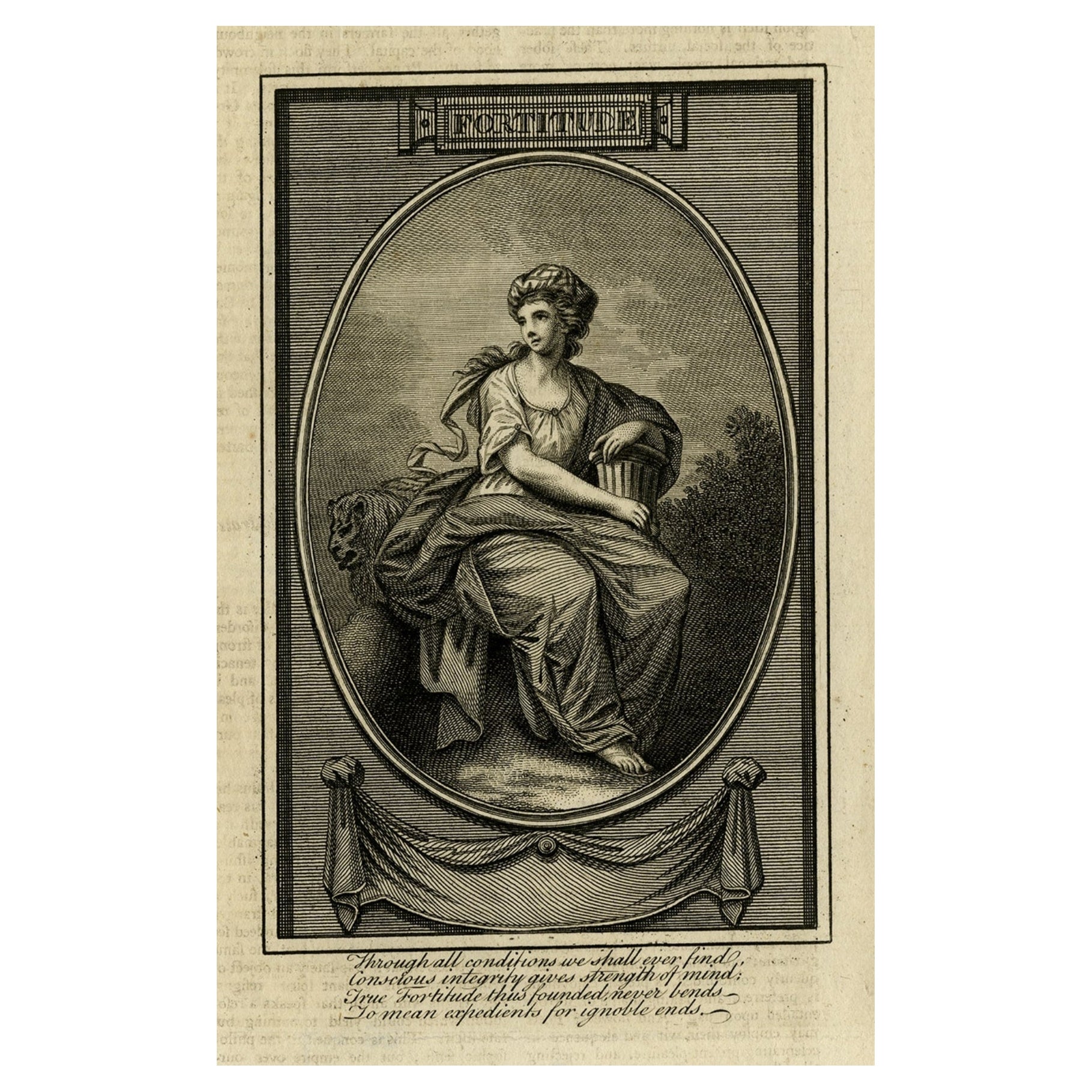 Personnification de la force en tant que figure féminine assise habillée avec la plus grande élégance, vers 1780