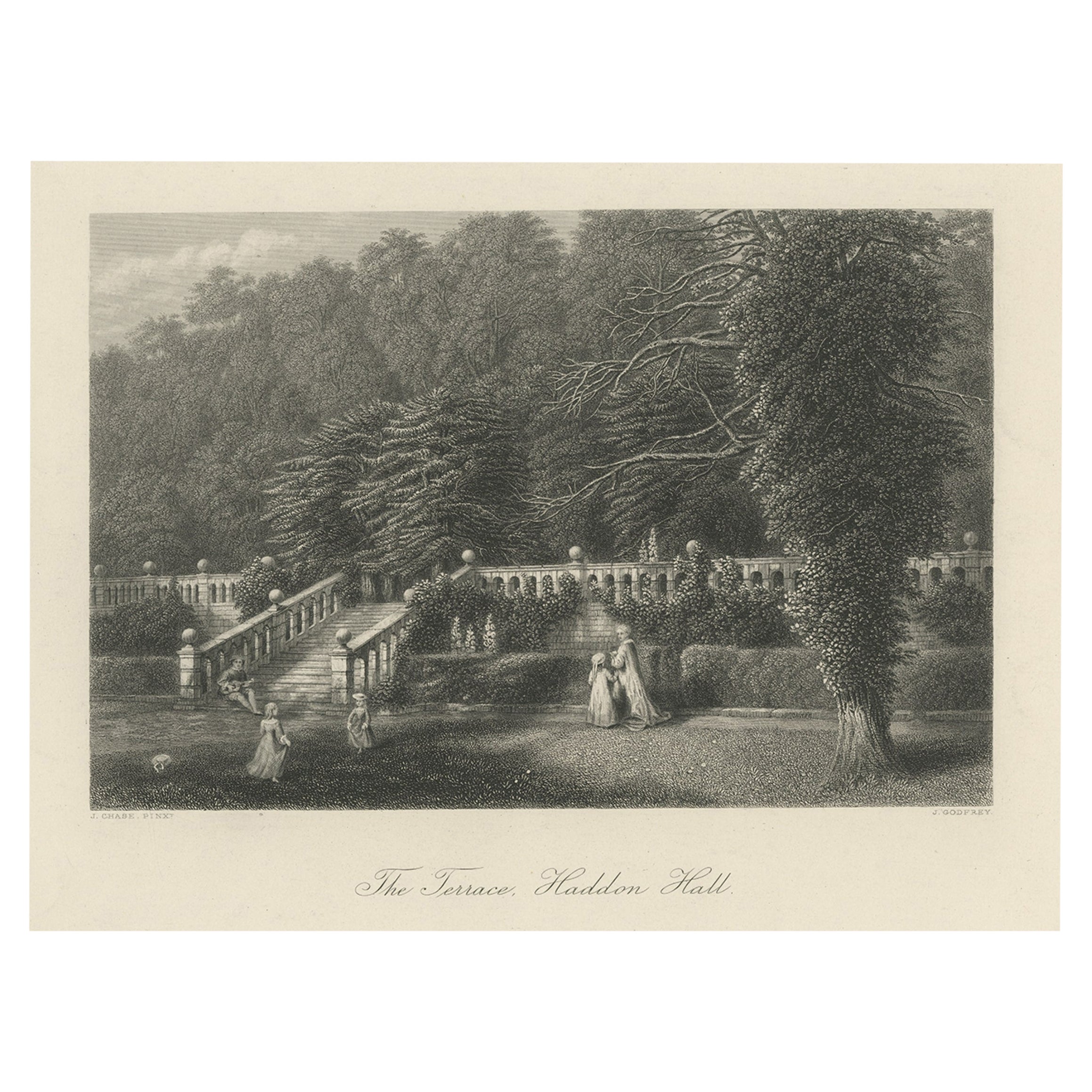 Steel Engraving of Haddon Hall, River Wye, Bakewell, Derbyshire, England, 1875 For Sale