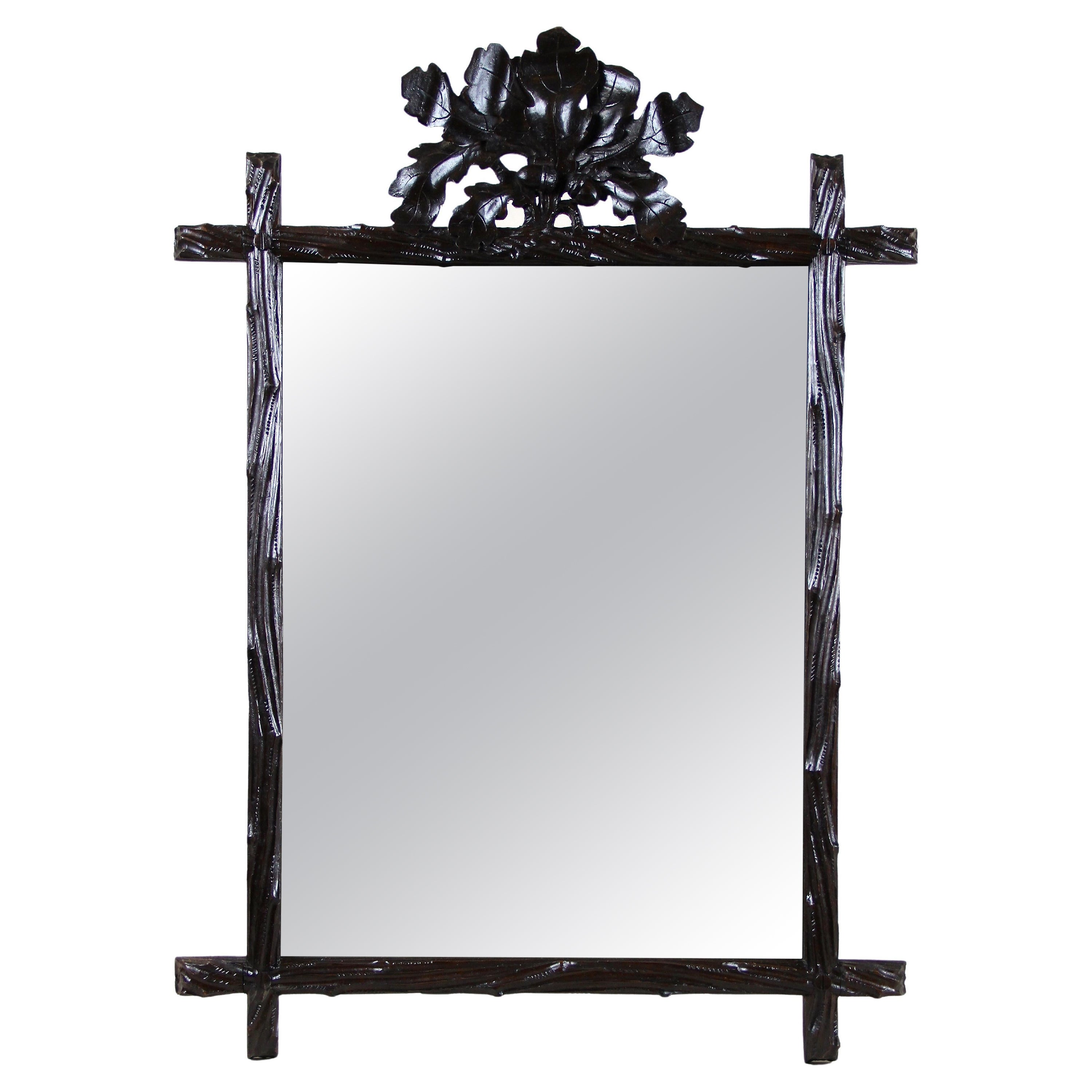 Rustic Black Forest Mirror with Acorn/ Oak Leaves Carvings, Austria, circa 1870 For Sale