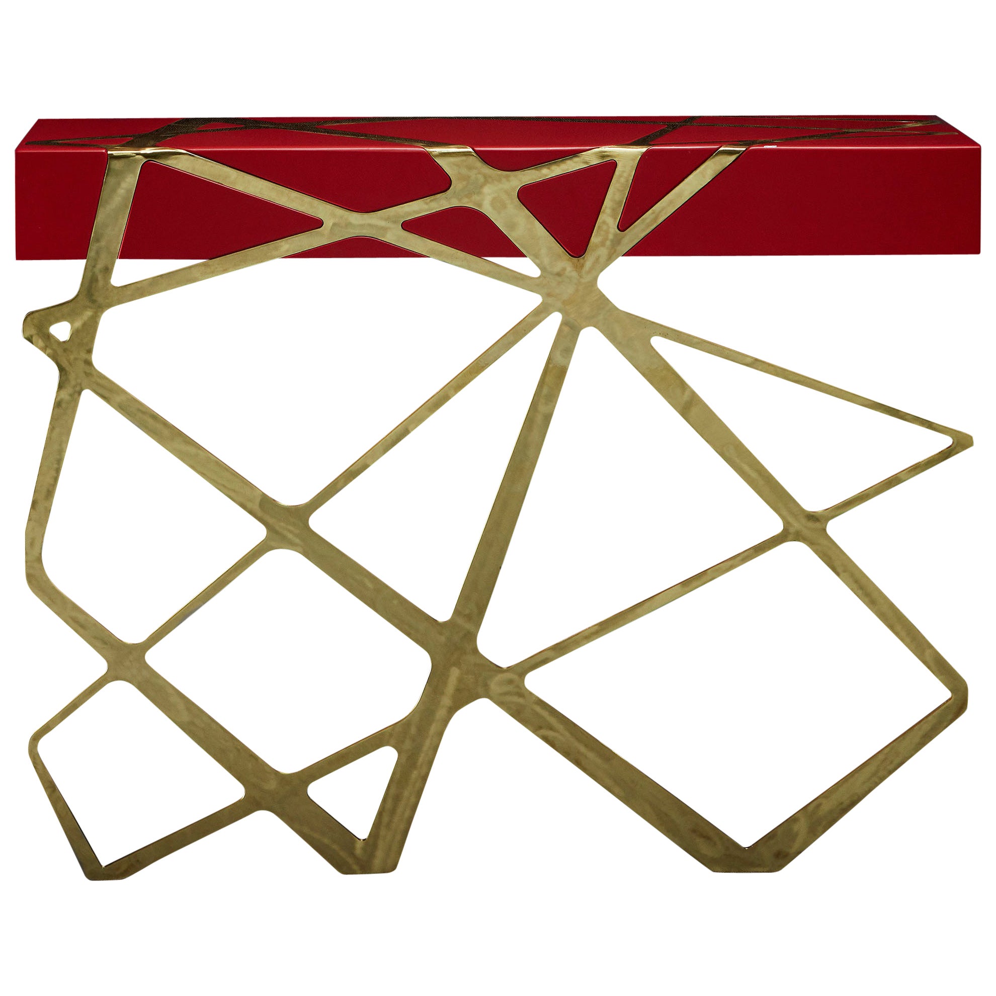 21st Century Modern Console Table in Red Lacquer and Brass Showroom Sample