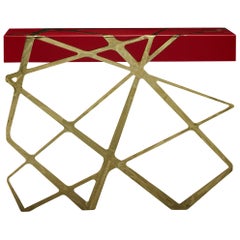 21st Century Modern Console Table in Red Lacquer and Brass Showroom Sample