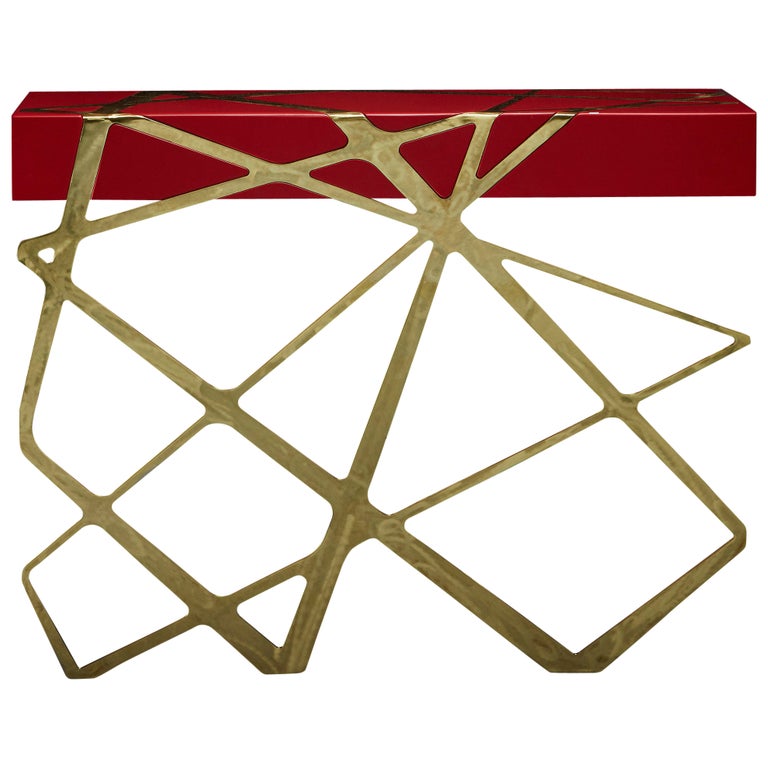 21st Century Modern Console Table in Red Lacquer and Brass Showroom Sample For Sale