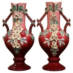 Pair of 19th Century French Painted Ceramic Barbotine Vases with Floral Motifs
