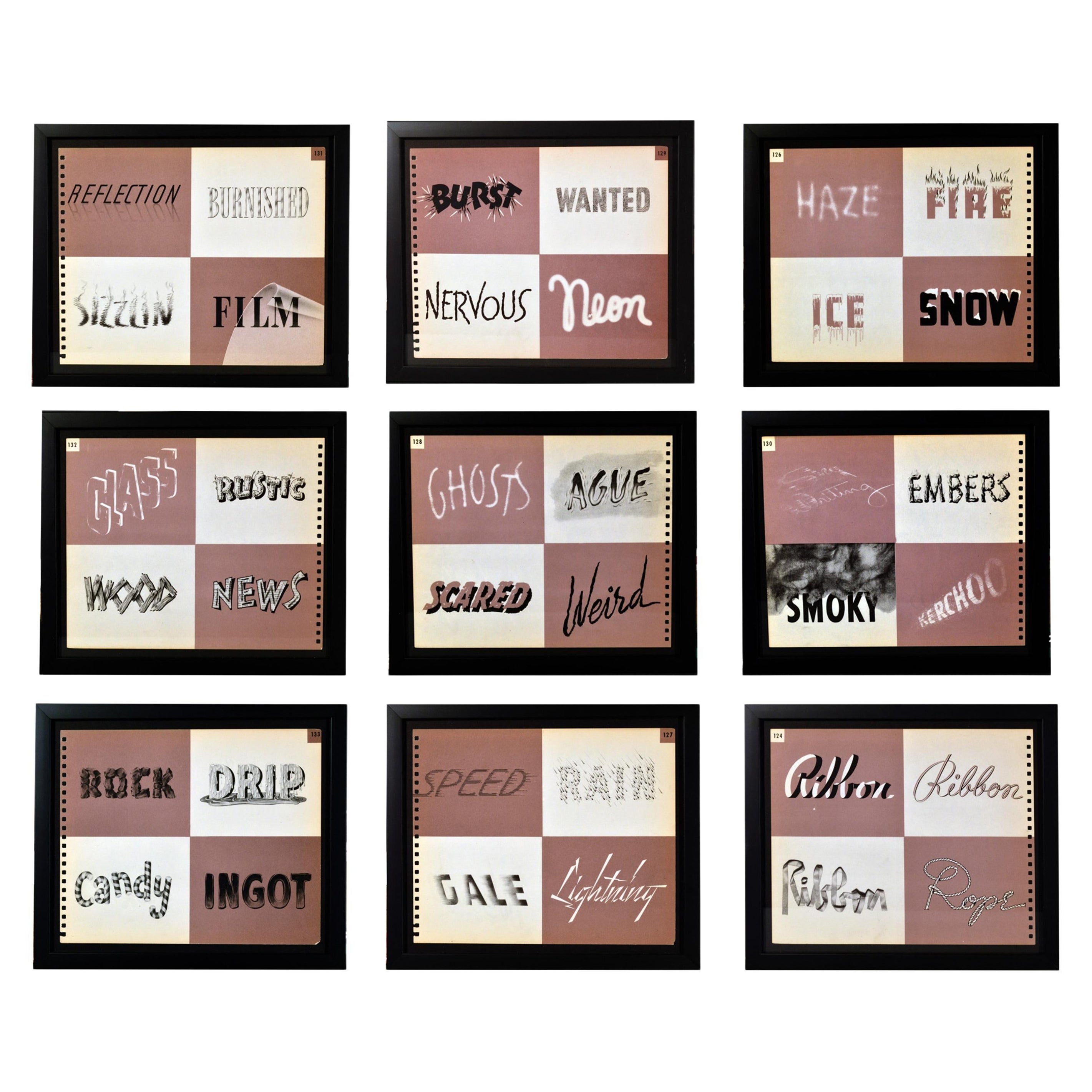 Set von neun gerahmten amerikanischen Typografieseiten