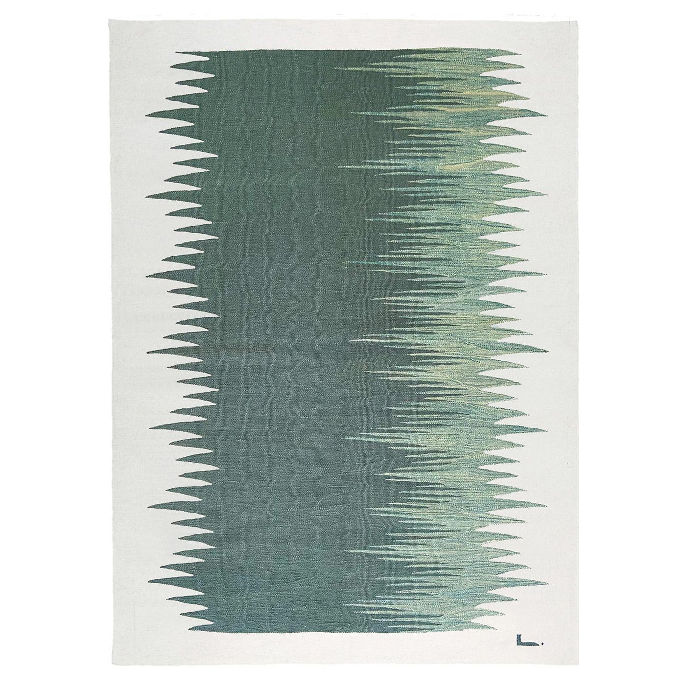 Tapis Kilim moderne contemporain Yakamoz No 4, en laine tissée à la main, vert et blanc dune