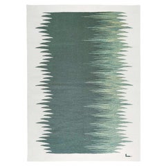 Yakamoz No 4 Contemporary Modern Kilim Rug, Wool Handwoven Green and Dune White