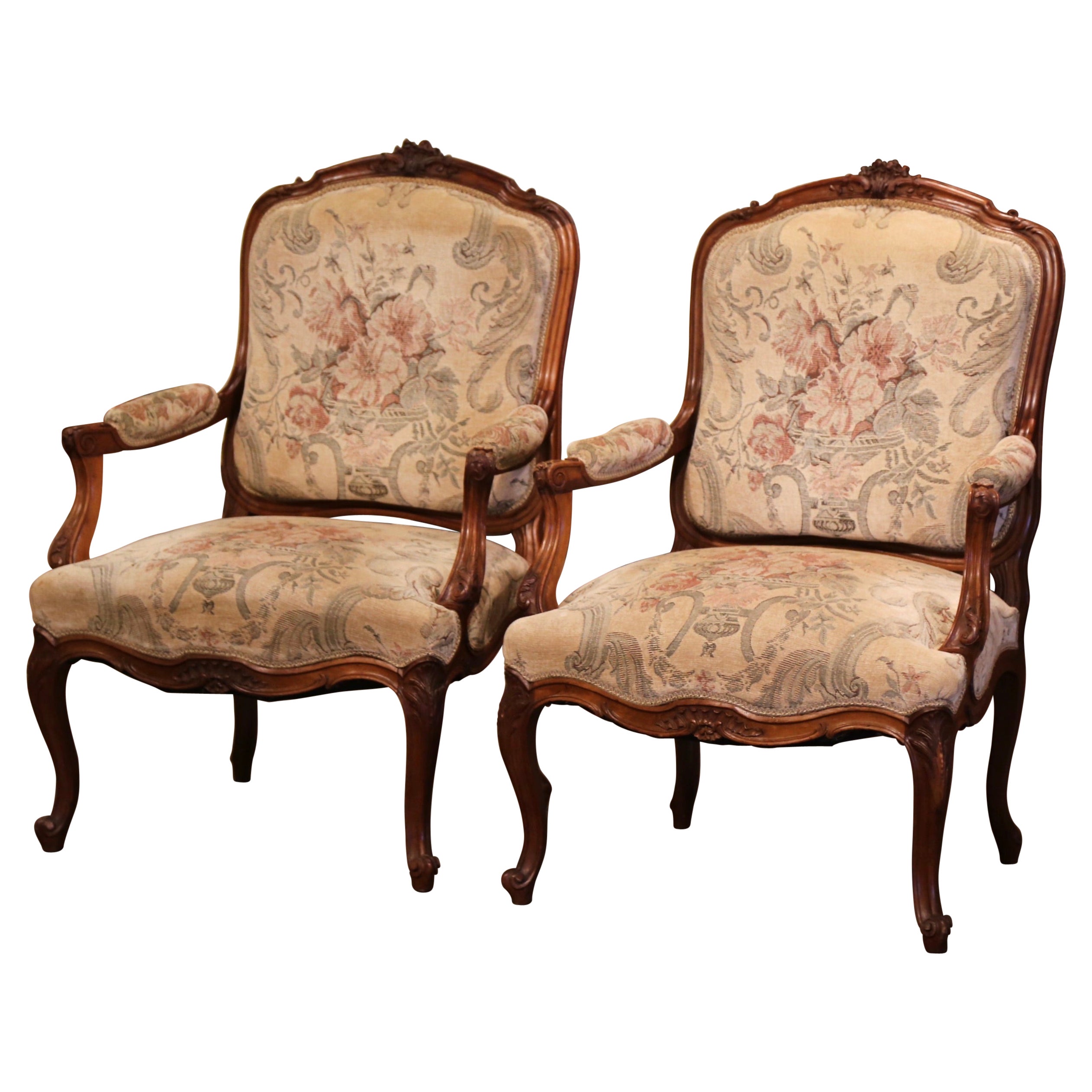 Pair of 19th Century Louis XV Provencal Carved Walnut Upholstered Armchairs