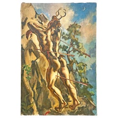 "Actaeon in Flight, " Large Painting of Mythological Scene w/ Male Nude, 1942