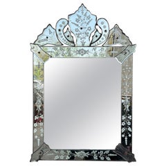 1940s Rectangular Venetian Mirror with Hand Etched Designs and Crest