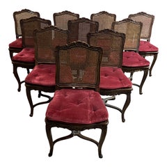 Set 10 Carved Walnut French Louis XV Cane Seat and Back Dining Chairs