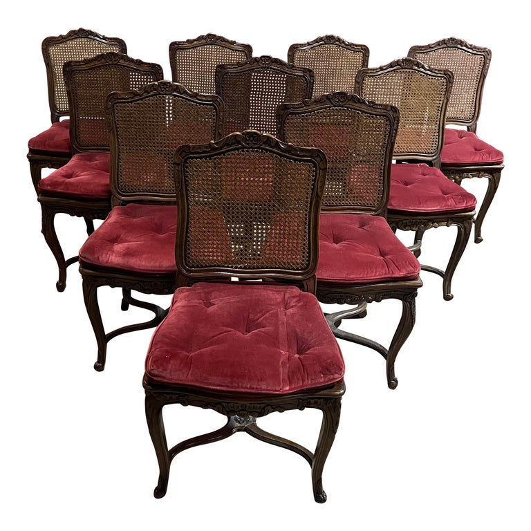 Set 10 Carved Walnut French Louis XV Cane Seat and Back Dining Chairs For Sale