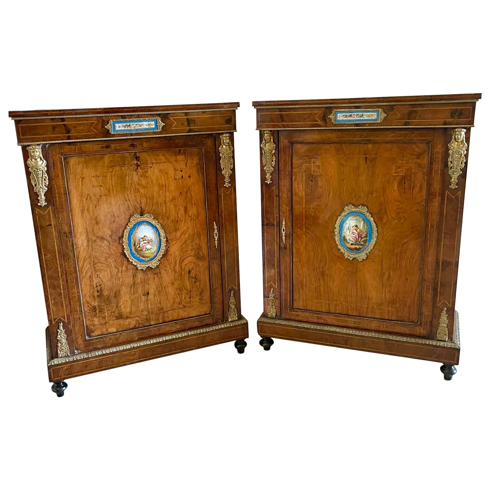 Fantastic Pair of Antique Inlaid Burr Walnut and Porcelain Mounted Pier Cabinets For Sale
