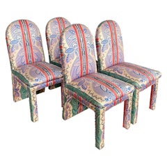 1970's Mid-Century Modern Striped Damask Parson Dining Chairs, Set of Four