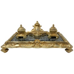 Antique French Gold Bronze & Green Marble Inkwell Firmato "A. Marionnet", 1890 ca.