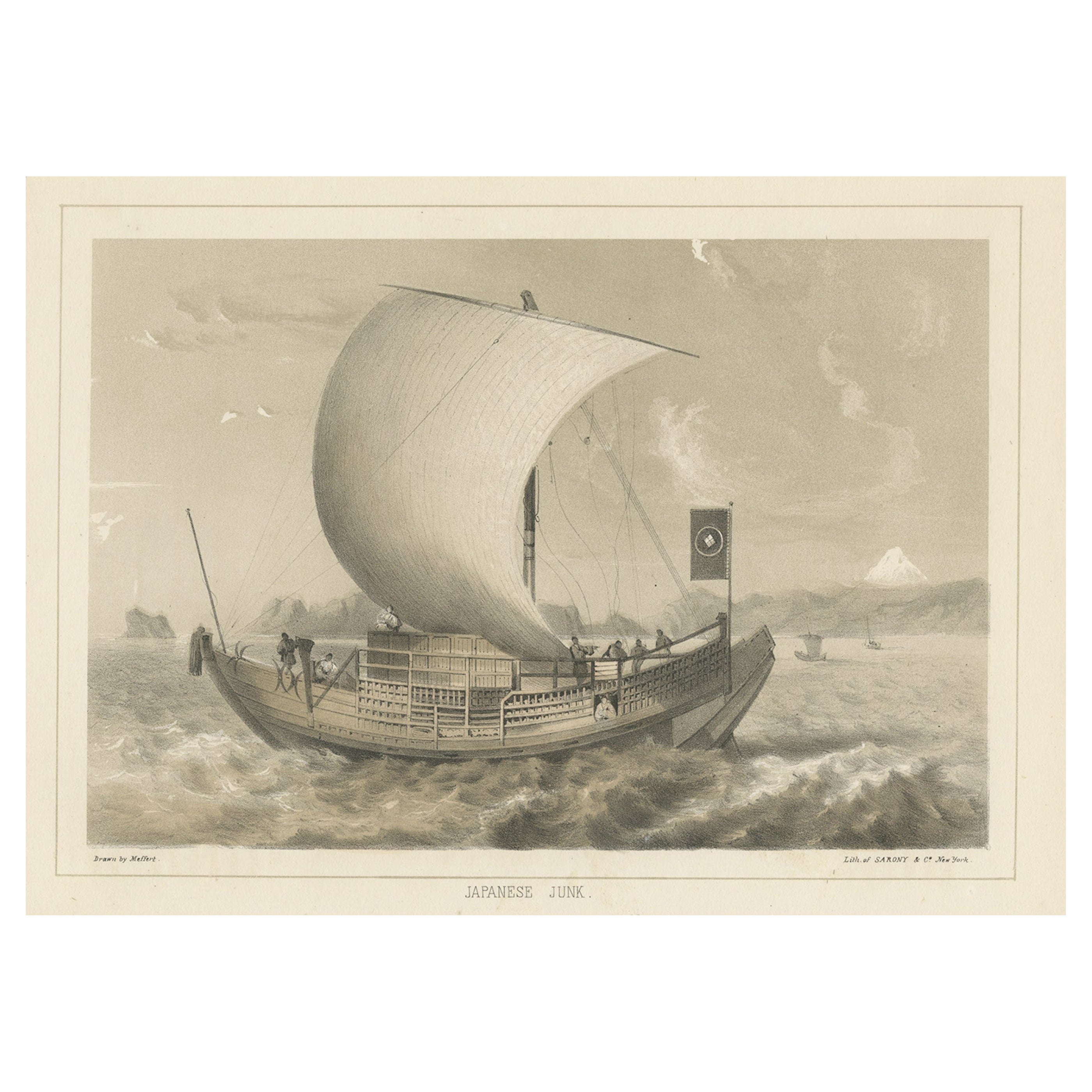 Antique Lithograph of a Japanese Junk, a Type of Sailing Ship, 1856 For Sale