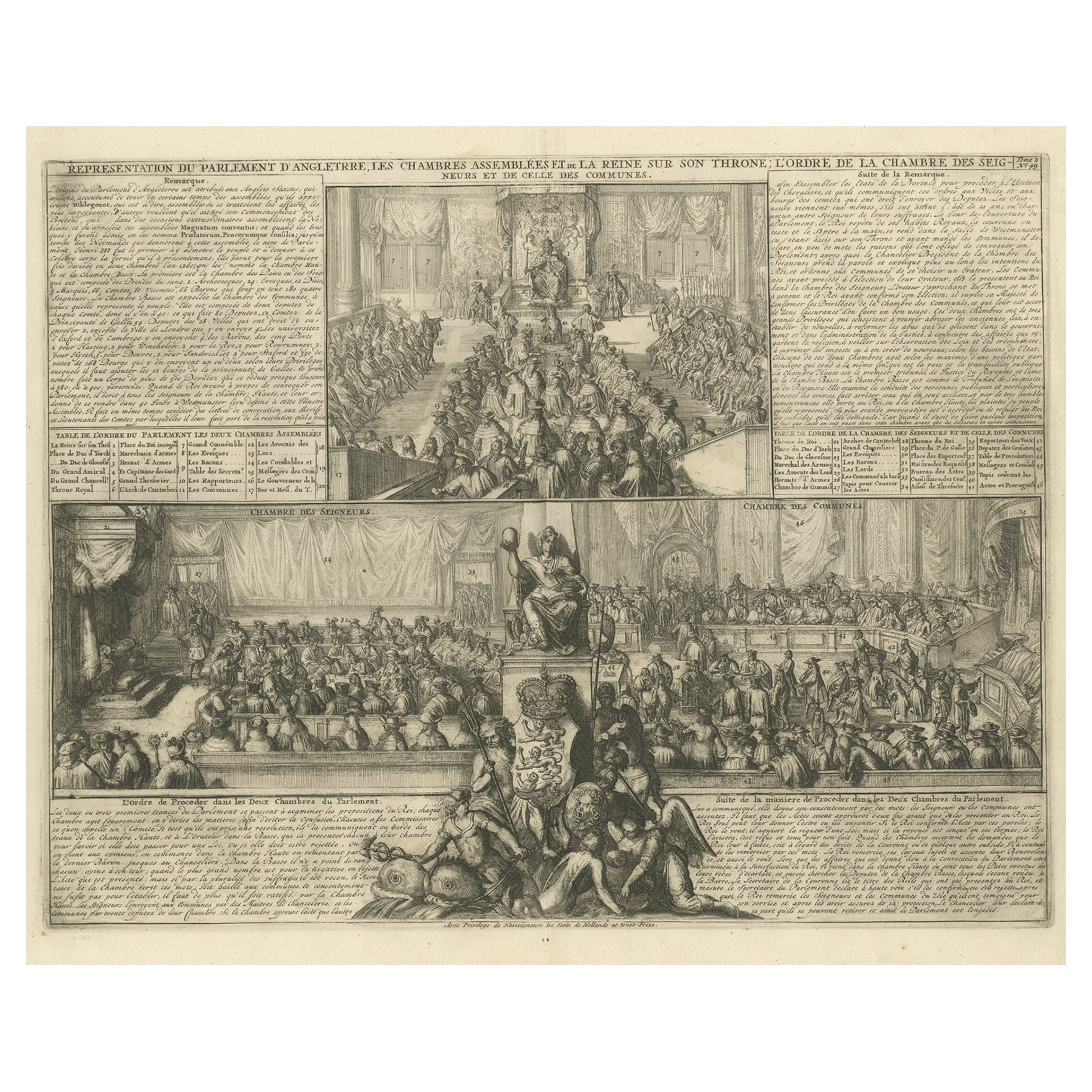 Print of the British Parliament & an Assembly before the King of England, 1732 For Sale