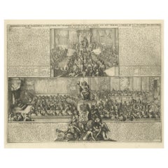 Antique Print of the British Parliament & an Assembly before the King of England, 1732