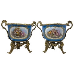 Pair Antique 19th Century French Sèvres Blue Porcelain & Gold Bronze Jardinieres