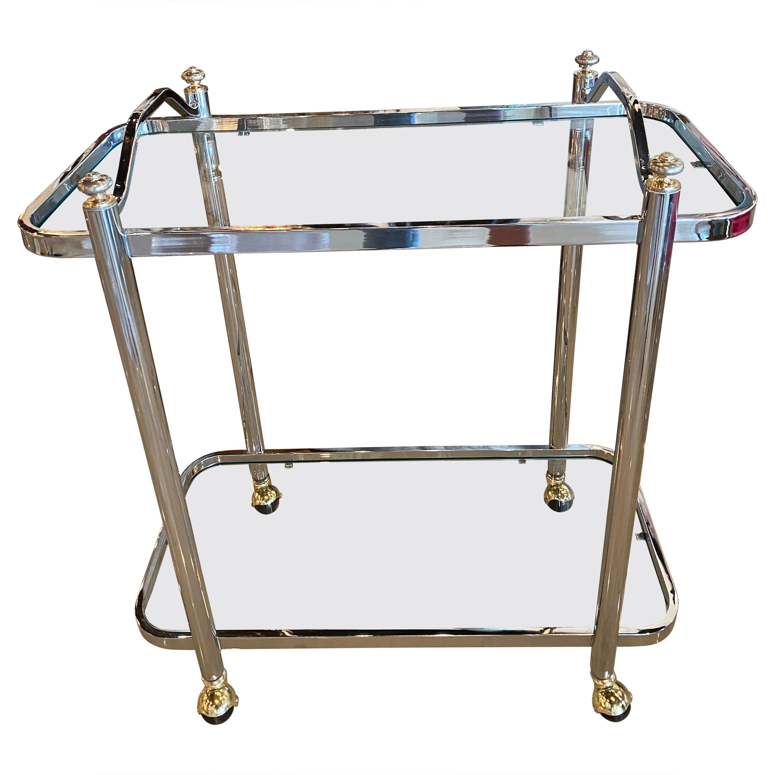 Vintage Chrome & Brass Barcart Bar Cart 2 Glass Shelves Restored