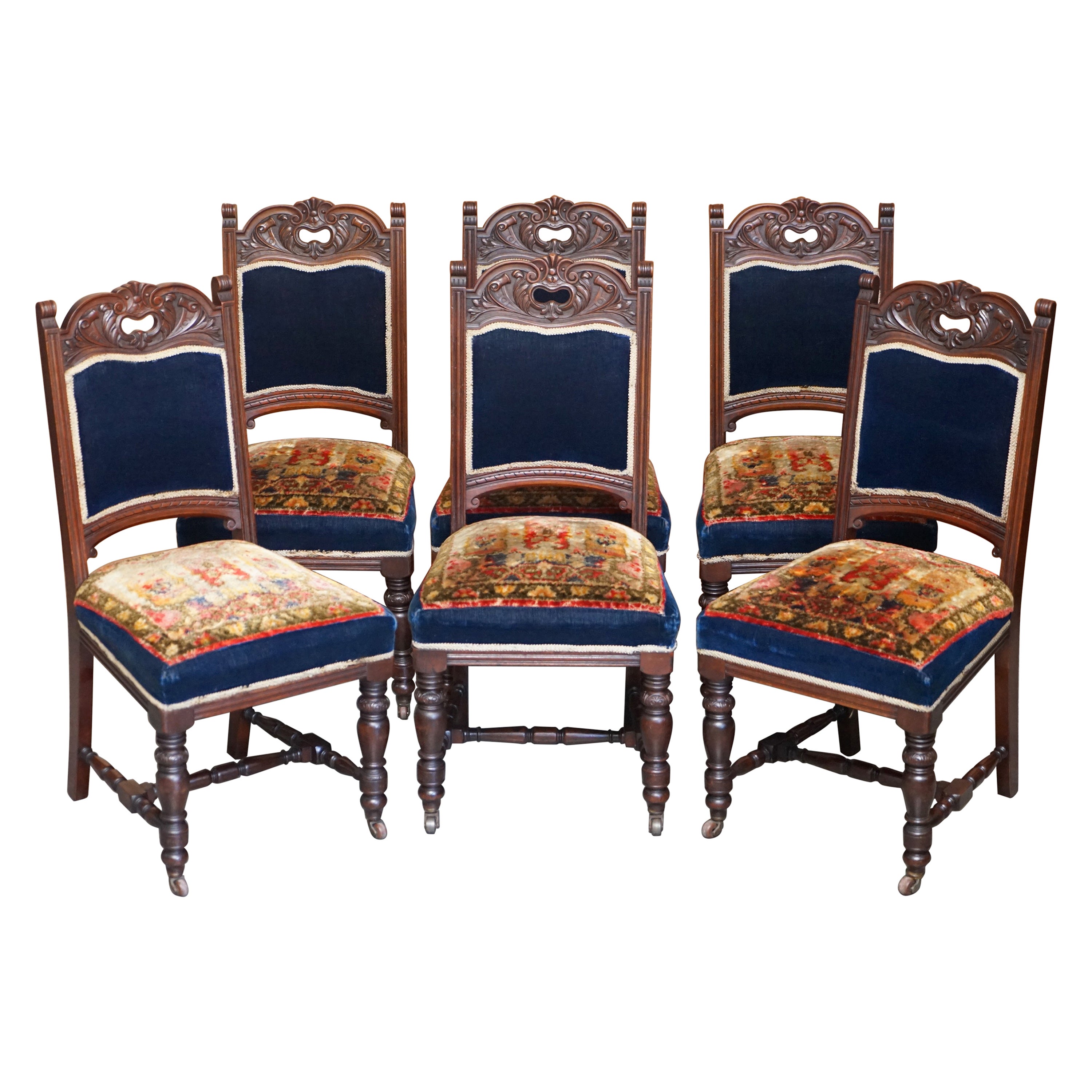 Six Antique Victorian Turkey Work Carpet Kilim Rug Napoleonic Blue Dining Chairs For Sale