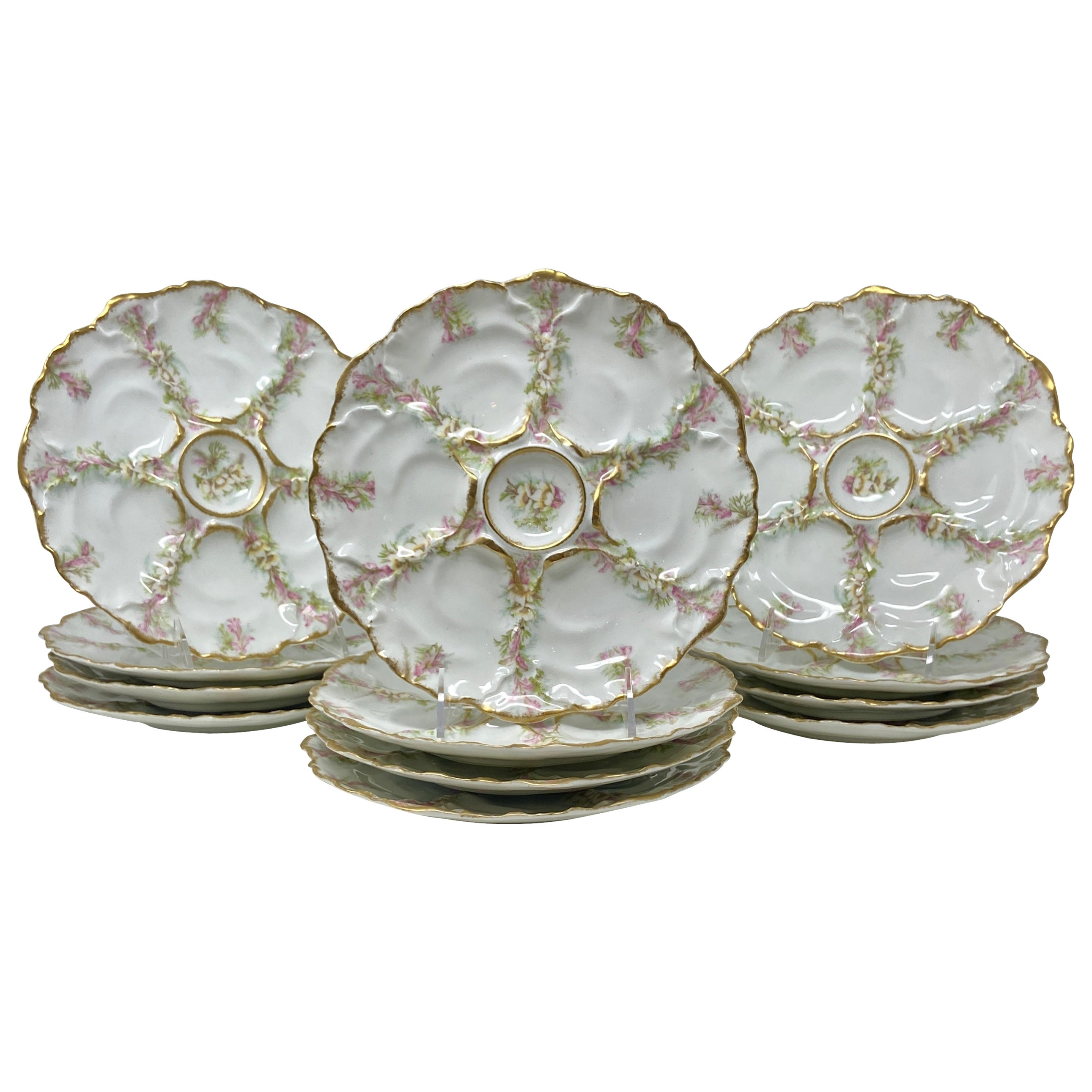 Set of 12 Antique French Limoges Porcelain Oyster Plates, Circa 1890-1900