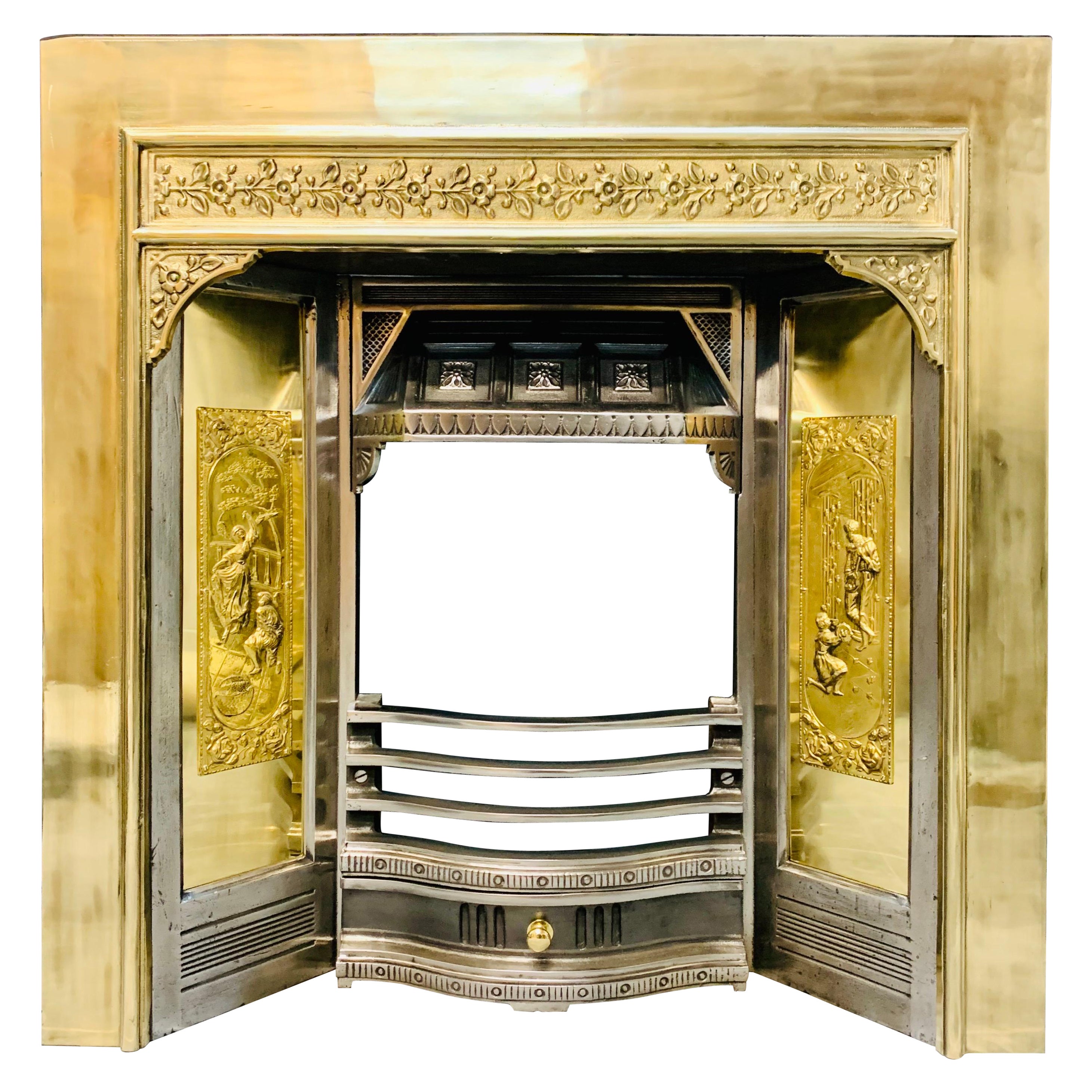19th Century Manner Polished Brass & Steel Fireplace Insert For Sale