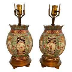 Very Pretty Pair of Chinese Porcelain Table Lamps on Wooden Bases