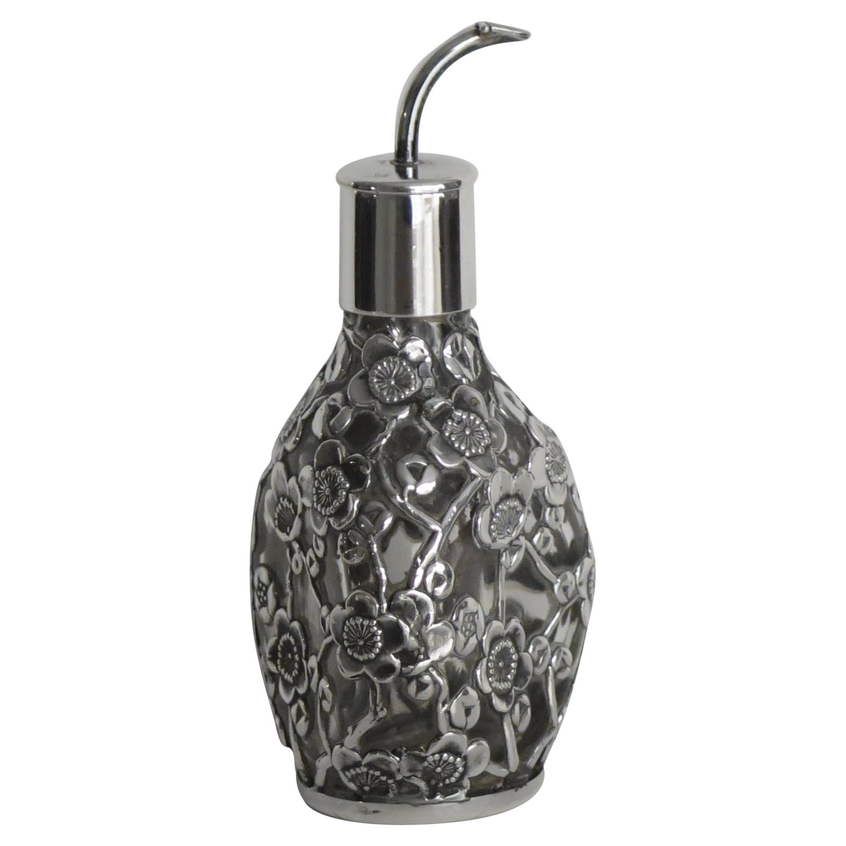 Edwardian Perfume or Scent Bottle Sterling Silver Filigree over Glass, Ca 1900