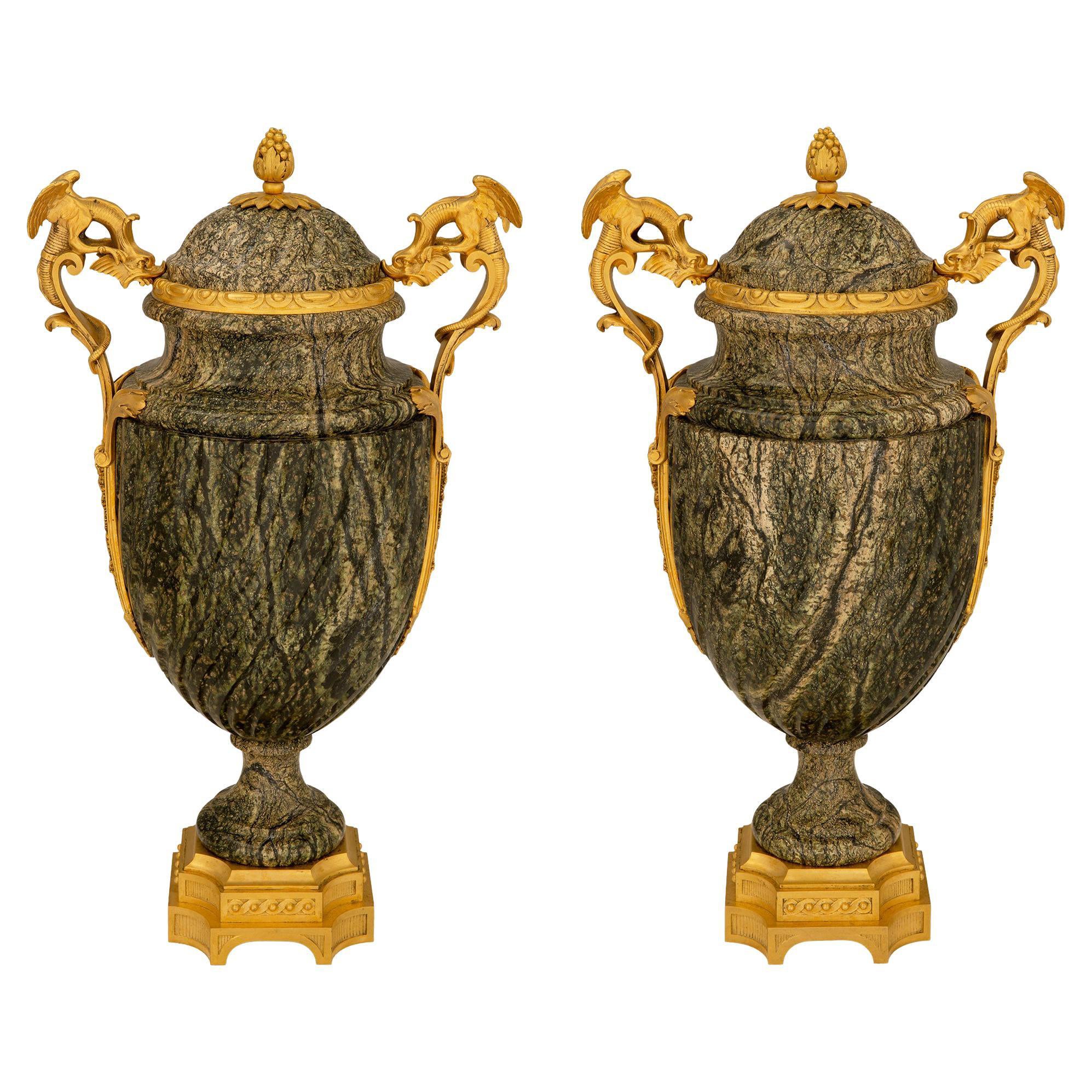 Pair of French 19th Century Belle Époque Period Marble and Ormolu Urns For Sale