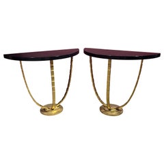 Matched Pair Gilded Steel Ebonized Art Deco Style Tall Console Tables