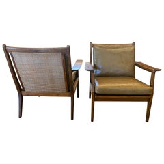 Pair of Cane Back Lounge Chairs with Leather, Scandinavia, 1950's