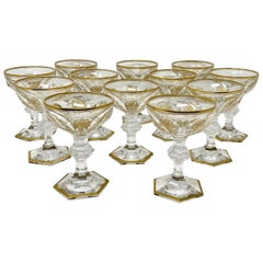 Set of 12 Antique French Gold-Etched Baccarat Crystal Champagne Coupes, Ca 1870s