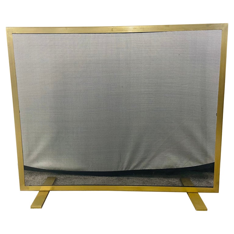 Modern Custom Brass Fire Place Screen or Panel with Iron Mesh Grill For Sale