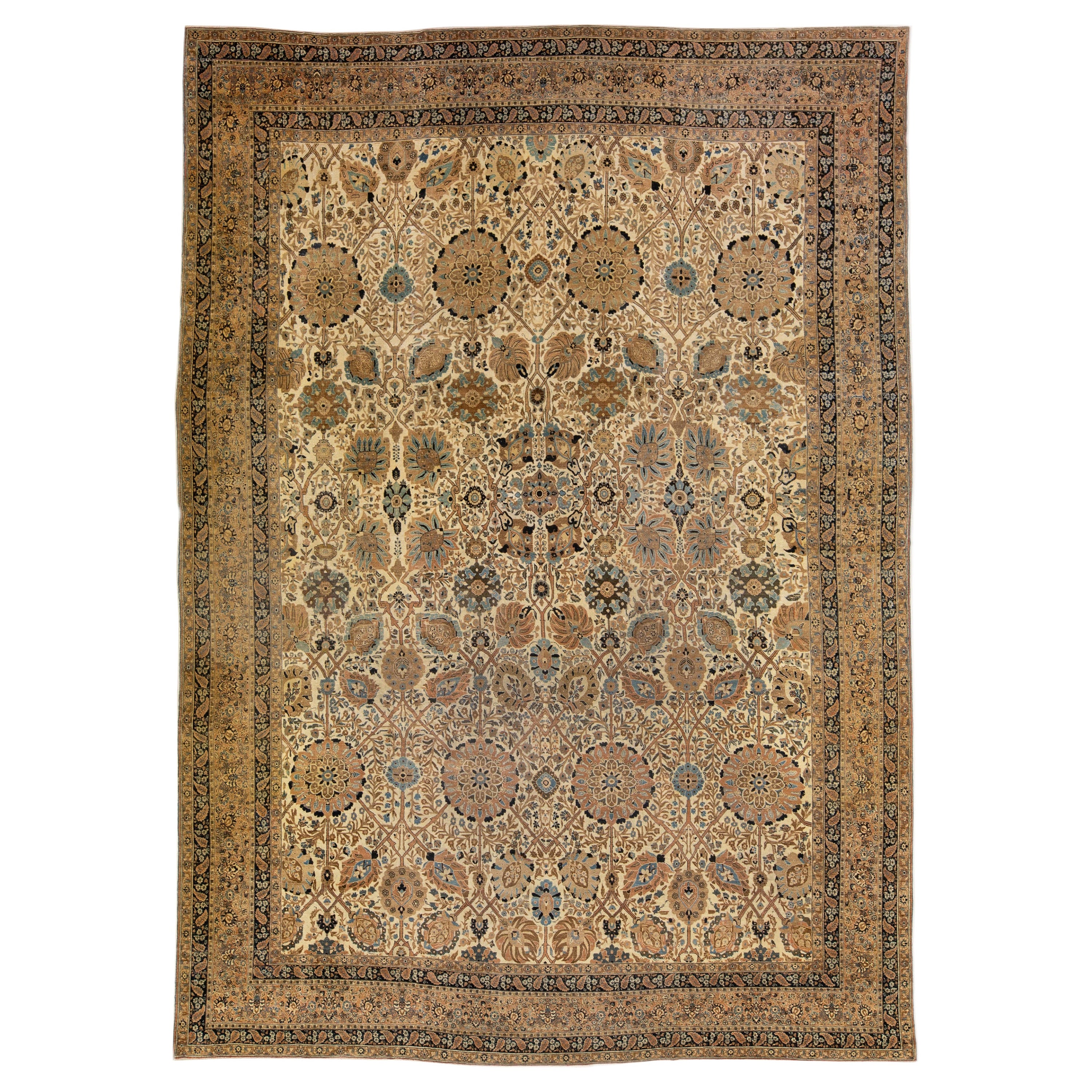 Antique Persian Tabriz Handmade Allover Motif Beige Oversize Wool Rug For Sale