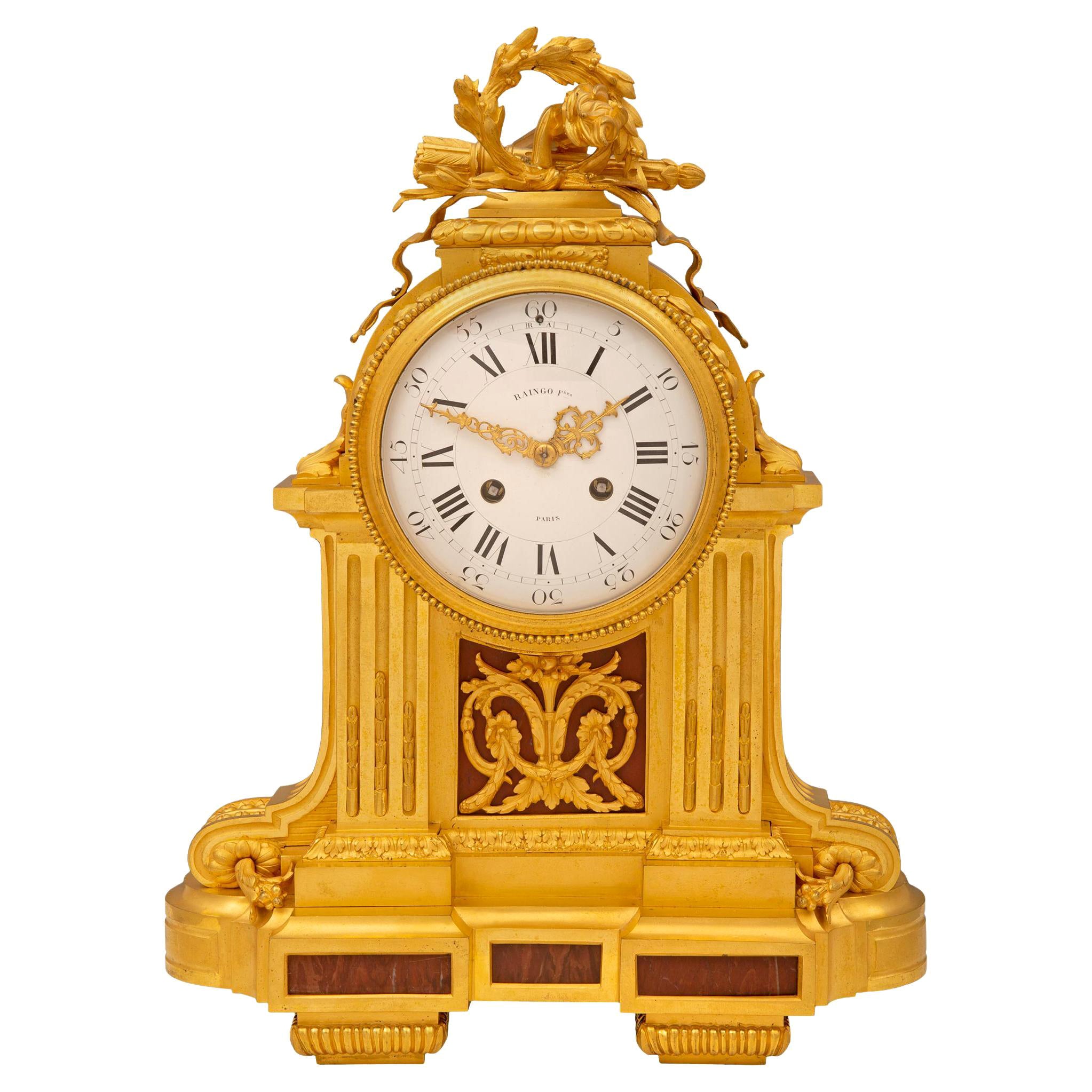 French Louis XVI Style Mid-19th Century Ormolu Marble Clock, Signed Frères