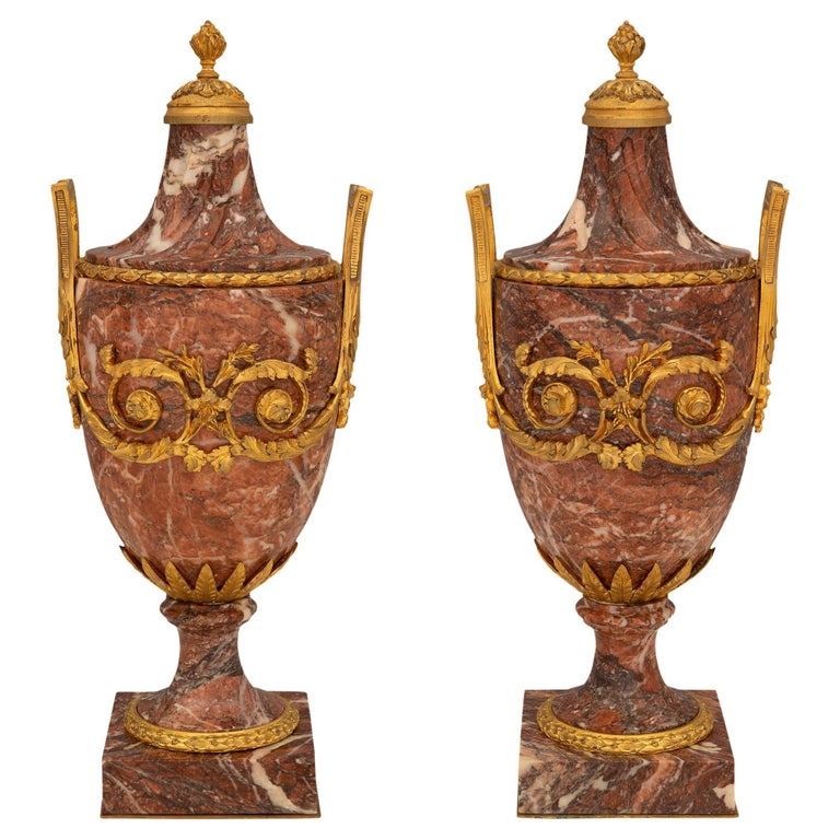 Pair of French 19th Century Louis XVI St. Marble and Ormolu Urns, Signed E. Kahn For Sale