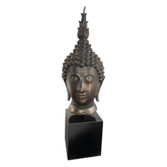 Large Heavy Thai Siam Asian Ceramic Buddha Head Bust Sculpure on Display Stand