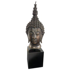Used Large Heavy Thai Siam Asian Ceramic Buddha Head Bust Sculpure on Display Stand