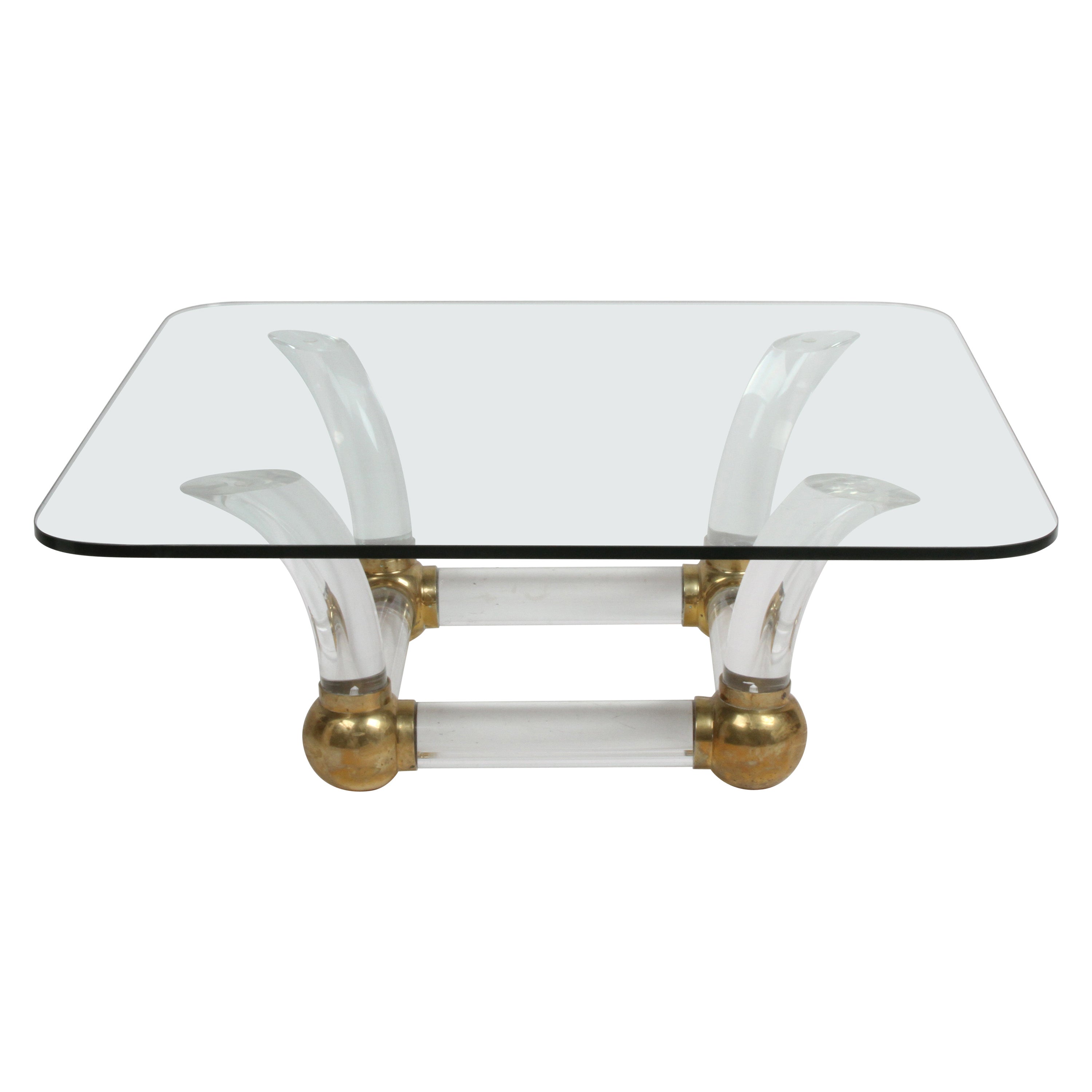 1970s Hollywood Regency Lucite Tusk & Brass Ball Springer Style Coffee Table