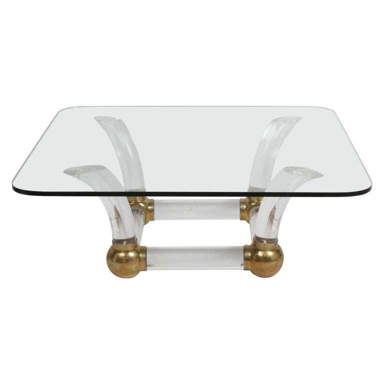 1970s Hollywood Regency Lucite Tusk & Brass Ball Springer Style Coffee Table For Sale