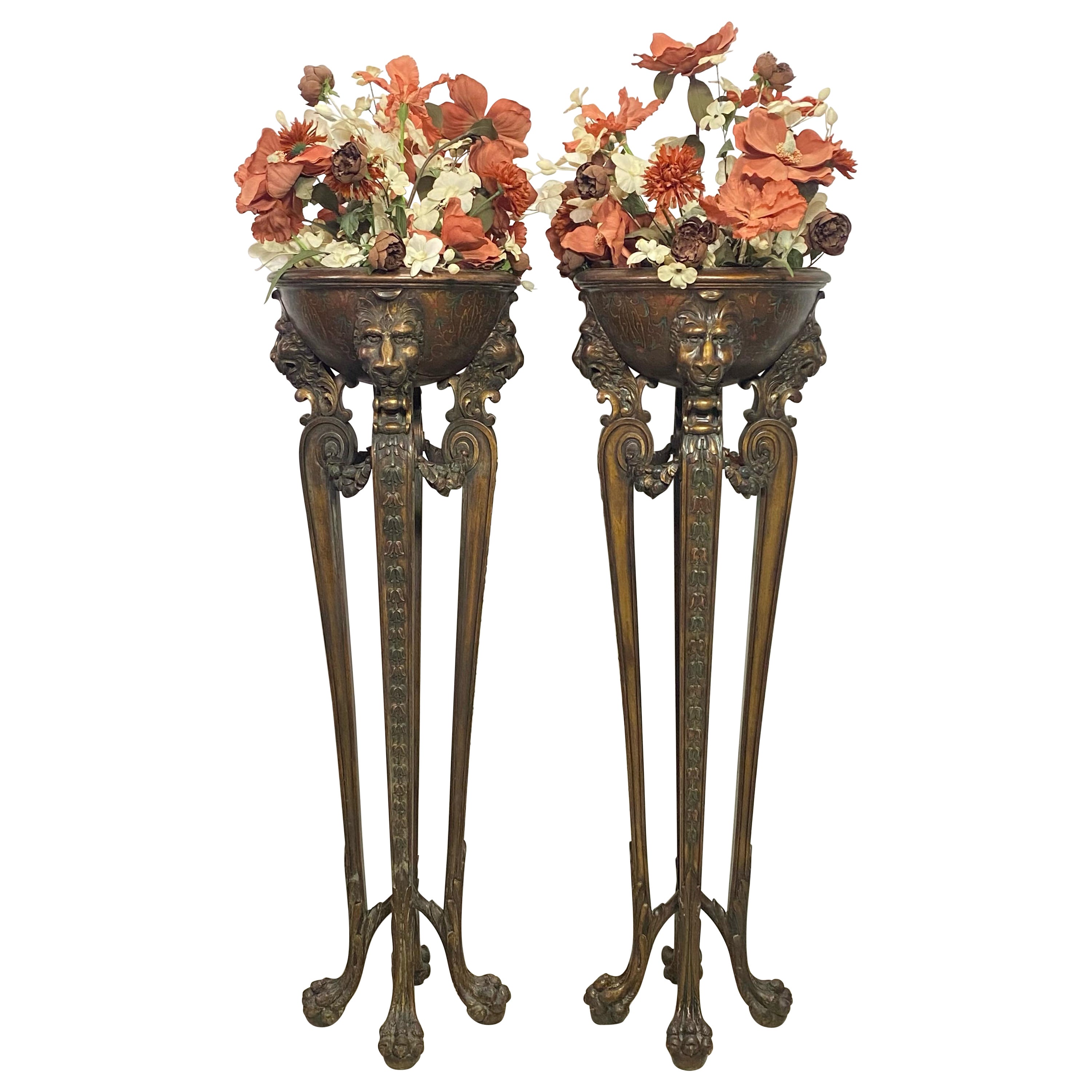 Tall Hand Carved and Painted Walnut Fern Plant Stands, Early 20th Century For Sale