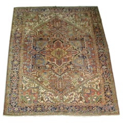 Antique Rust Navy Blue Geometric Tribal Persian Heriz Rug, circa 1920s